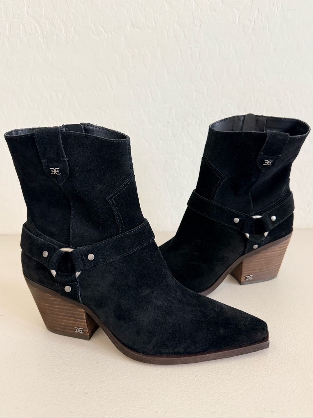 NEW Sam Edelman Winston Black Suede Pointed Toe Block Heel Western Bootie Size 9